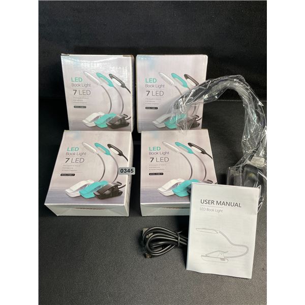 4 LED Clamp-On Book Lights - 3 Mode of Brightness; Rechargeable Clamp-On Design - New