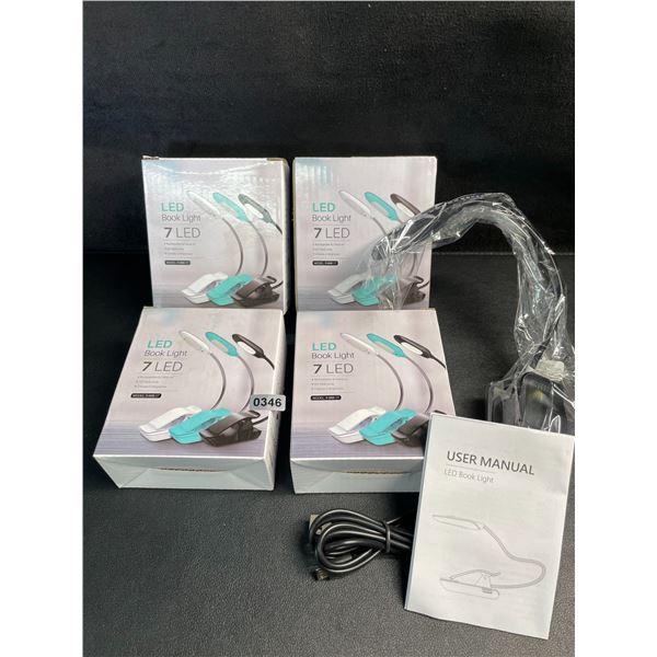 4 LED Clamp-On Book Lights - 3 Mode of Brightness; Rechargeable Clamp-On Design - New