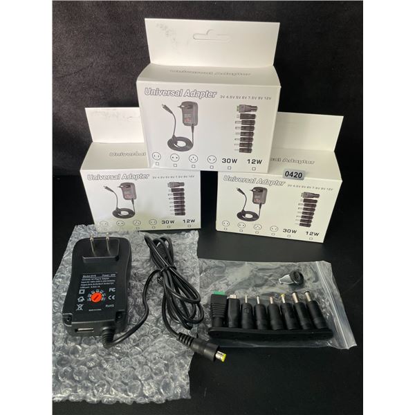 Lot of 3 Universal AC Plug-In Power Supply Adapters with 8 Assorted DC Plugs/Tips/Connectors - New