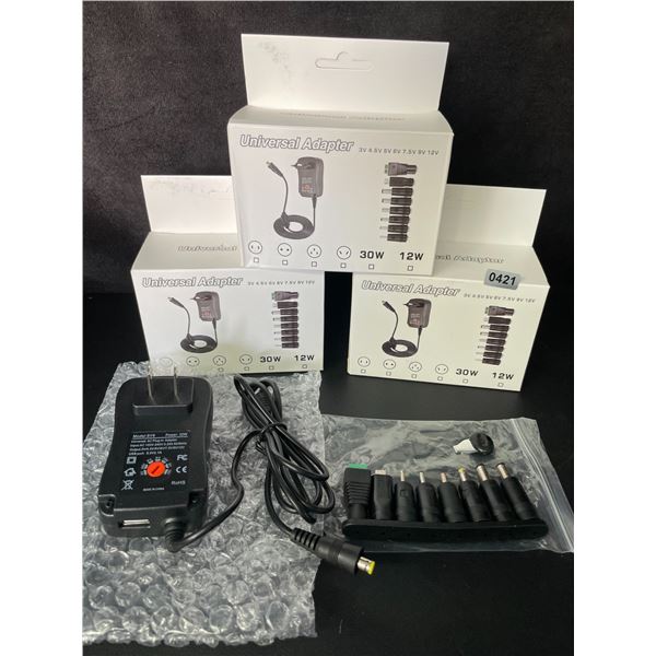 Lot of 3 Universal AC Plug-In Power Supply Adapters with 8 Assorted DC Plugs/Tips/Connectors - New