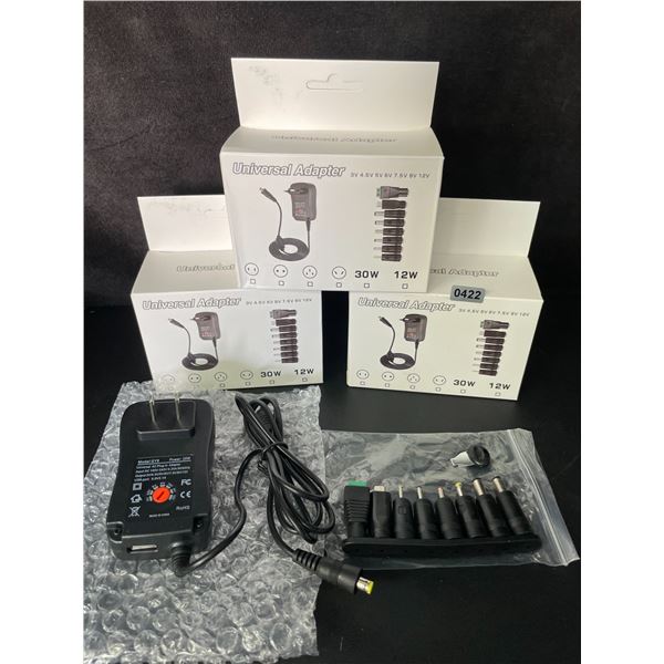 Lot of 3 Universal AC Plug-In Power Supply Adapters with 8 Assorted DC Plugs/Tips/Connectors - New
