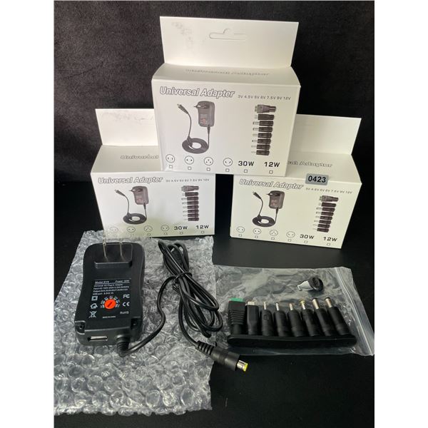 Lot of 3 Universal AC Plug-In Power Supply Adapters with 8 Assorted DC Plugs/Tips/Connectors - New