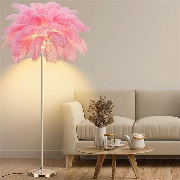Pink Fluffy Ostrich Feather Floor Lamp for Living Room; 63" Tall Lamp w/ 3 Color Temperatures - NEW