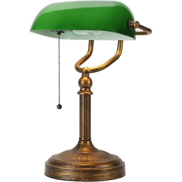 Green Glass Bankers Desk Lamp/Vintage-Style Desk Lamp w/ Pull Chain Switch - Brand New