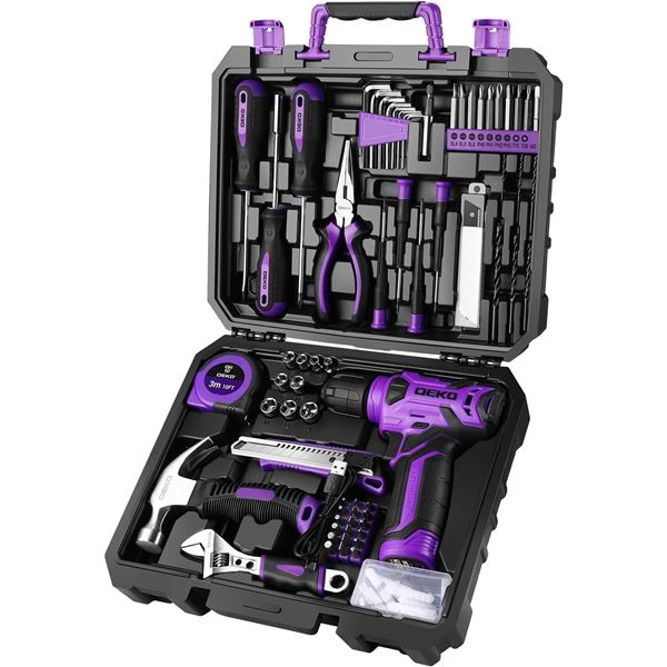 DEKOPRO 126PC Cordless Drill Tool Set - Includes 8V Cordless Drill & Assorted Tools (Purple) - NEW