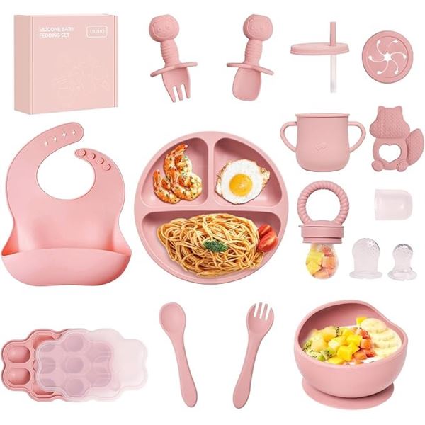 15PC Silicone Baby Feeding Set/Baby Led Weaning Feeding Supply Set (Pink) - Brand New!