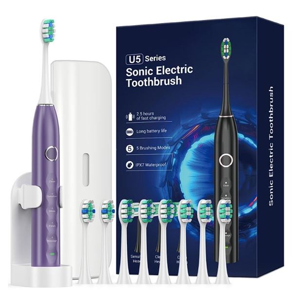 Ultrasonic Electric Toothbrush Set w/ 8 Brush Heads, Travel Case, 5 Brush Modes (Purple) New Sealed!