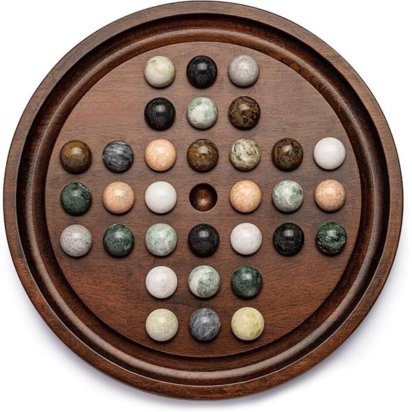Lingle Deluxe Solitaire Game Set with Solid Wooden Board & Marble Balls - 12.6" Board Size - New!