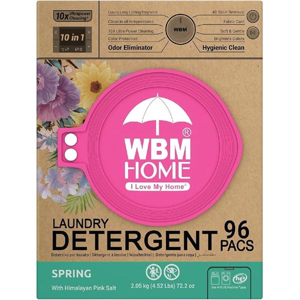 96-Pack Box of WBM Home Laundry Detergent Pods; Spring Scent; 10x Ultrapower Cleaning - New