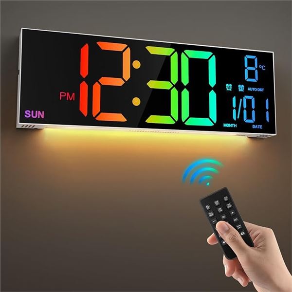 16.2" Large LED Digital Wall Clock with 8 RGB Colors, Remote, Dual-Alarm, Auto-Brightness - New