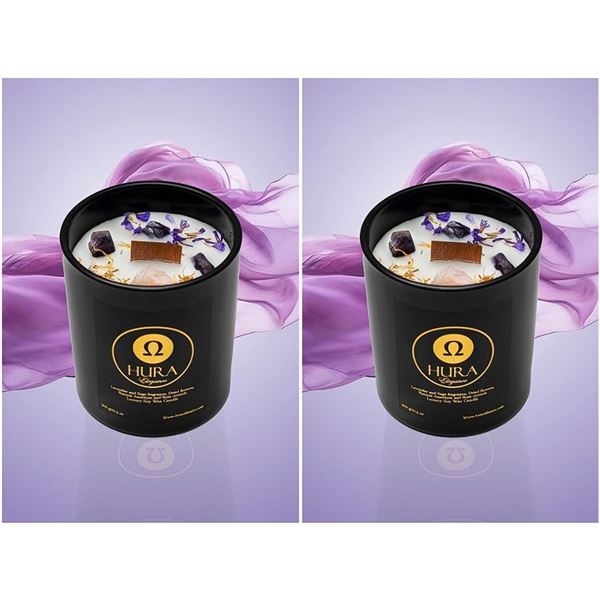 Lot of 2 Hura Elegance Luxury Soy Wax Scented Candles (300g) Lavender & Sage with Crystals/Flowers