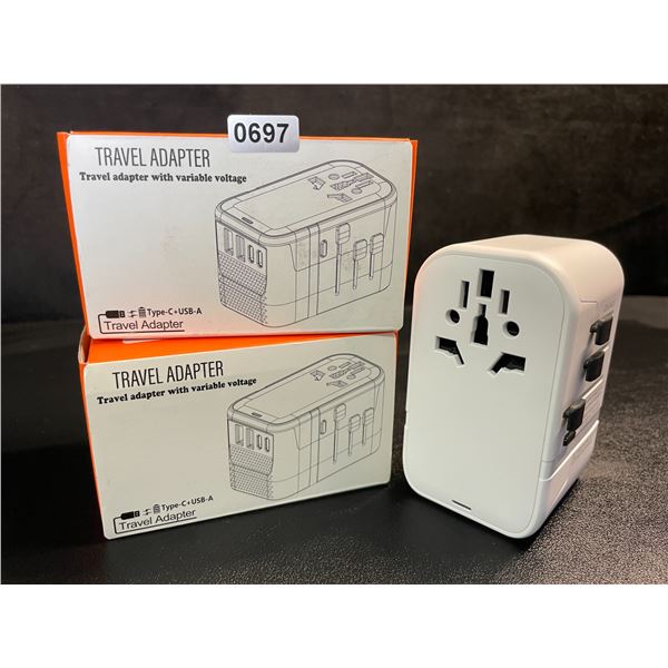 Lot of 2 Travel Adapters with Variable Voltage, USB-C+USB-A Ports - Brand New