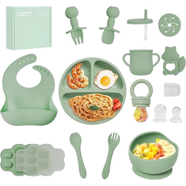 15PC Silicone Baby Feeding Set/Baby Led Weaning Feeding Supply Set (Green) - Brand New!