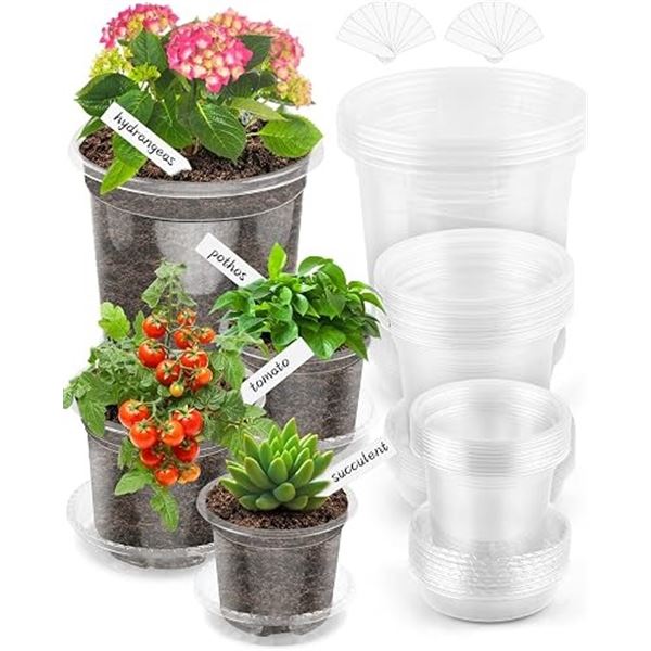 25-Pack of Reinforced Clear Nursery Plant Pots with Saucers & Plant Labels (7.5", 5", 3.5") New