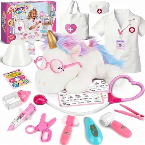 20PC Kids Pet Unicorn Doctor Playset - Pretend Doctor/Vet Play Set for Girls (Ages 3+) - New