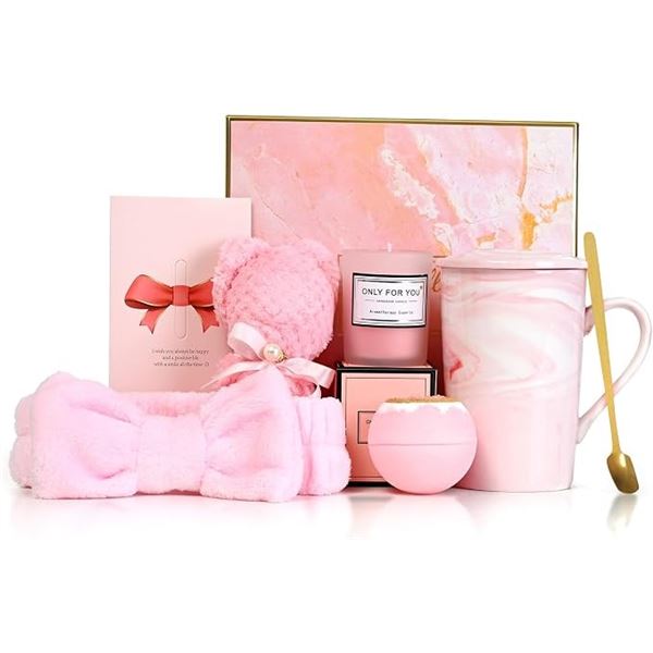 Spa/Beauty Gift Set Box for Women; Includes Mug, Bath Bomb, Candle, Fuzzy Headband (Pink) - New