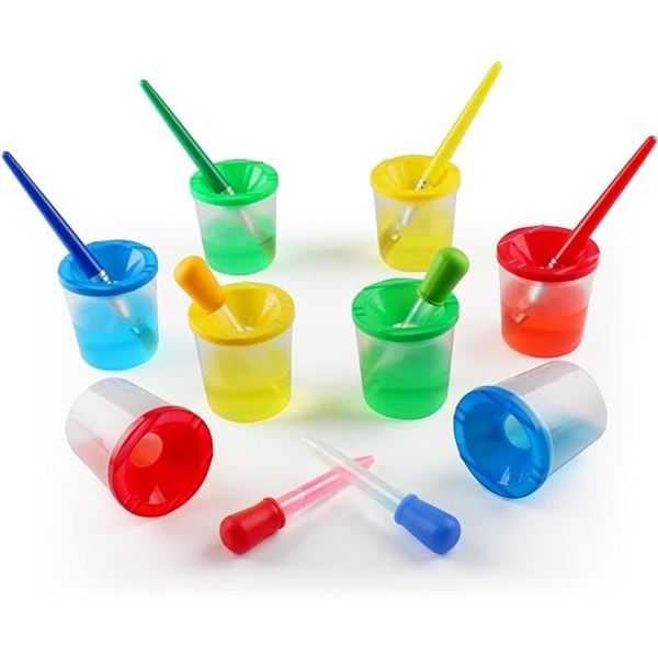 Kids Paint Cups Set with Lids, Droppers, & Paint Brushes - Great for Kids Crafts, Classrooms, etc.