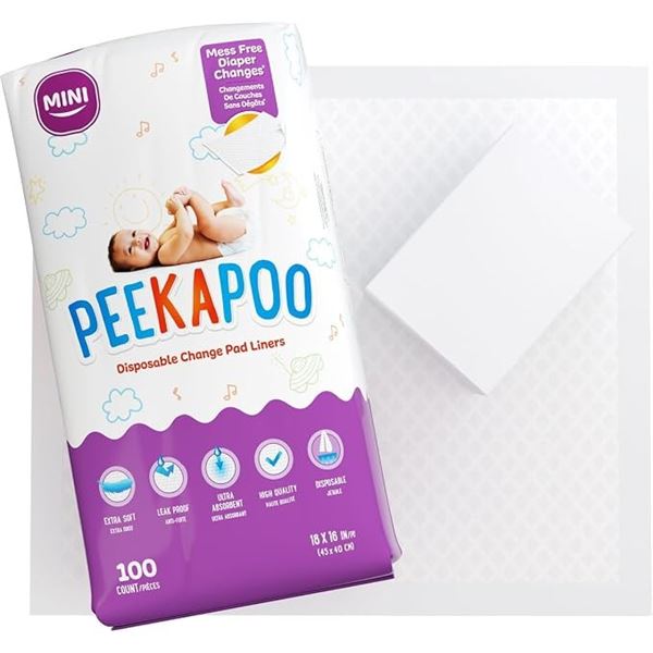 100-Pack of Peekapoo Disposable Change Pad Liners (18" x 16") For Mess-Free Diaper Changes - New
