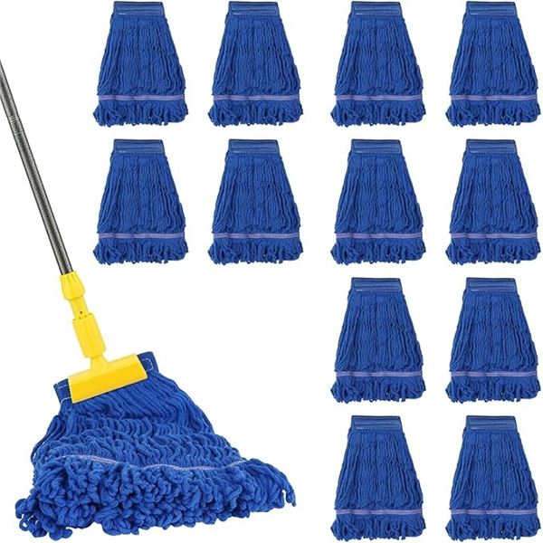 12-Pack Box of Replacement Commercial Floor Mop Heads; Heavy-Duty Cotton Looped-End Mop Heads - New