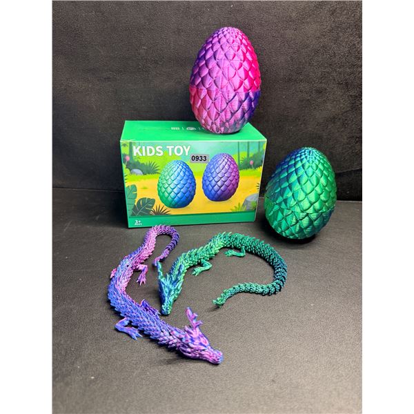 Set of 2 3D Printed Colourful Dragons with Storage Eggs - New