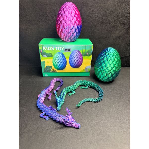 Set of 2 3D Printed Colourful Dragons with Storage Eggs - New