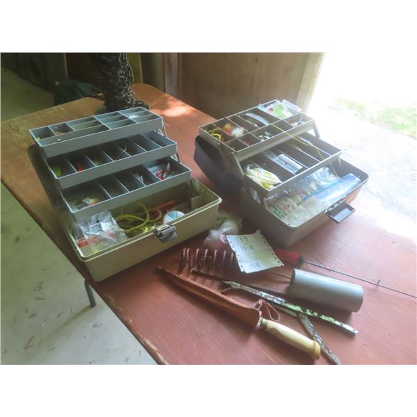 2 Fishing Tackle Boxes with Hooks, Lures, and Filet Knife