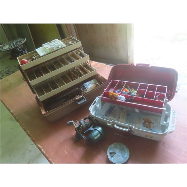 2 Fishing Tackle Boxes with Hooks, Jigs, Lures, Reels