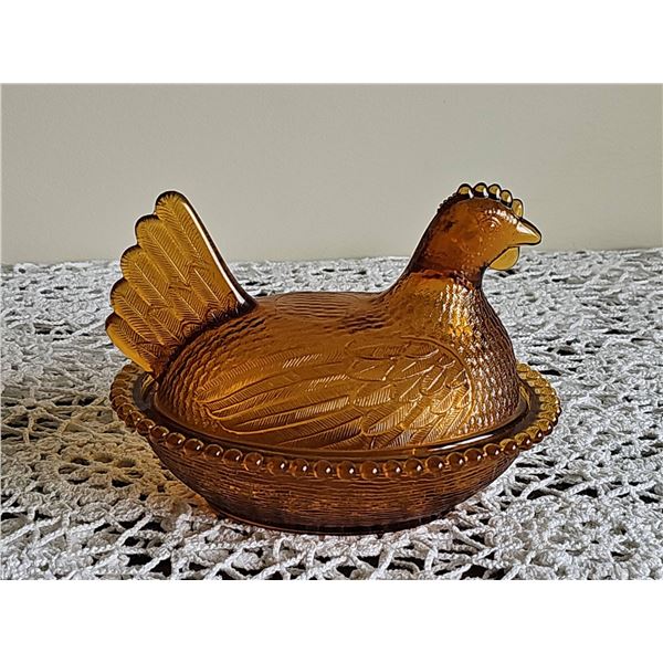 Amber Glass Hen on Nest Covered Dish