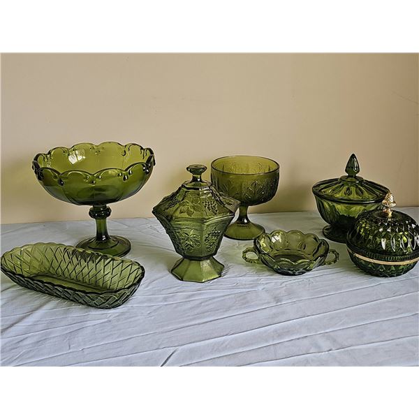 Green Pressed Glass Dishes and Candy Containers, 7 Pieces