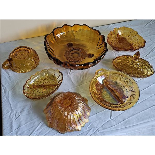 Amber Carnival Glass Dishes, 7 Piece Set