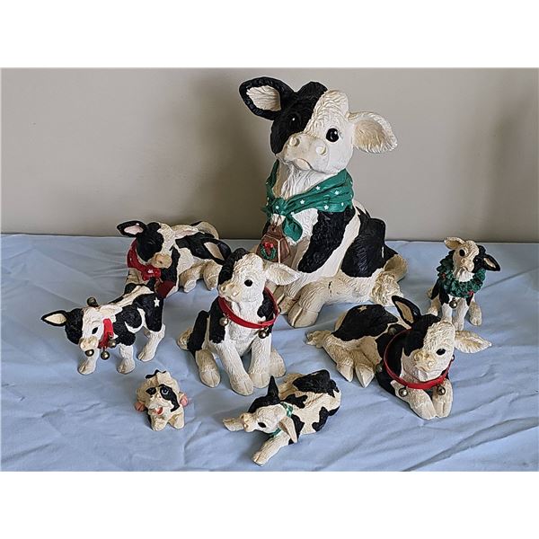 8 Black and White Cow Figurines Resin with Holiday Accents
