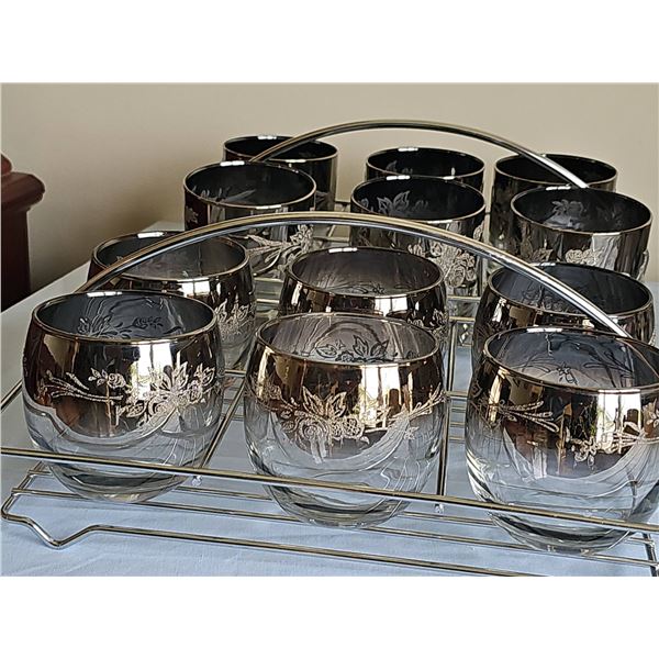 12 Silver Rimmed Floral Glasses with Dual Metal Caddies