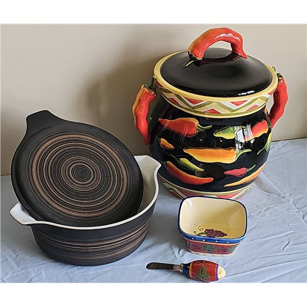 Ceramic Chili Pepper Cookie Jar With Pyrex Dishes and Serving Accessories