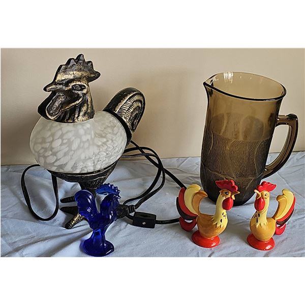 Rooster Table Lamp, Smoky Glass Pitcher, and Rooster Figurines Lot