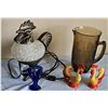 Image 1 : Rooster Table Lamp, Smoky Glass Pitcher, and Rooster Figurines Lot