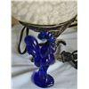 Image 2 : Rooster Table Lamp, Smoky Glass Pitcher, and Rooster Figurines Lot