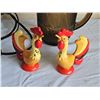 Image 3 : Rooster Table Lamp, Smoky Glass Pitcher, and Rooster Figurines Lot