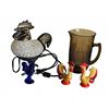 Image 4 : Rooster Table Lamp, Smoky Glass Pitcher, and Rooster Figurines Lot