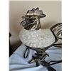 Image 5 : Rooster Table Lamp, Smoky Glass Pitcher, and Rooster Figurines Lot