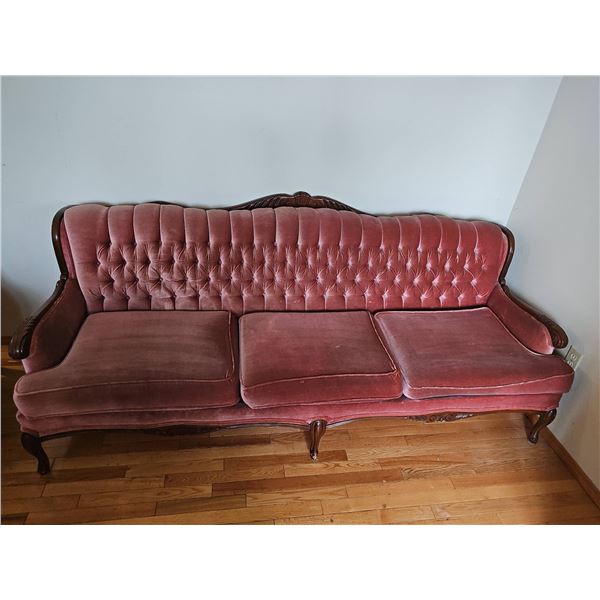 Mahogany Carved Frame Tufted Velvet Sofa