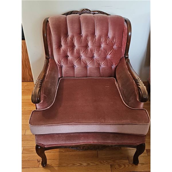 Upholstered Armchair with Carved Wood Detail