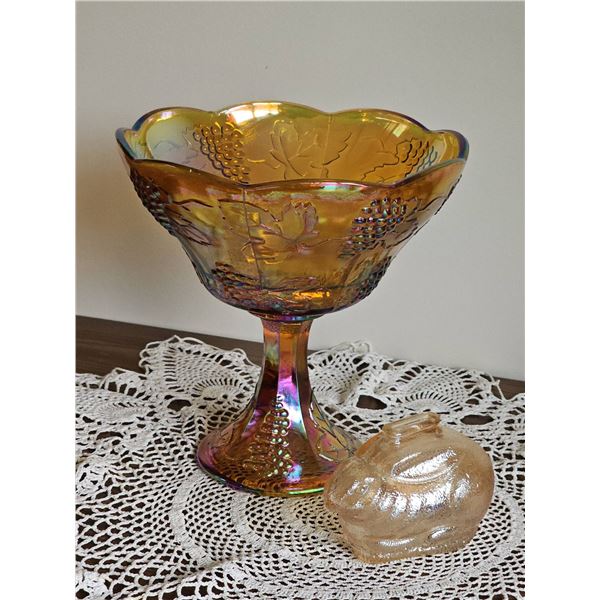 Carnival Glass Compote and Marigold Glass Bunny Trinket