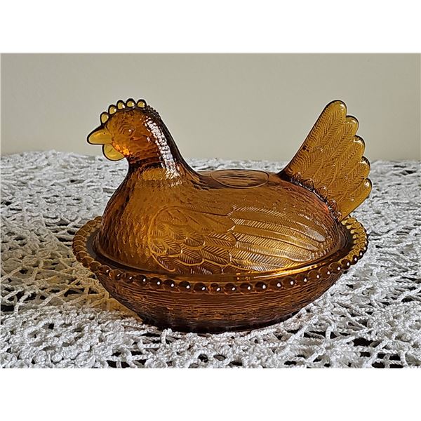 Amber Glass Hen on Nest Covered Dish
