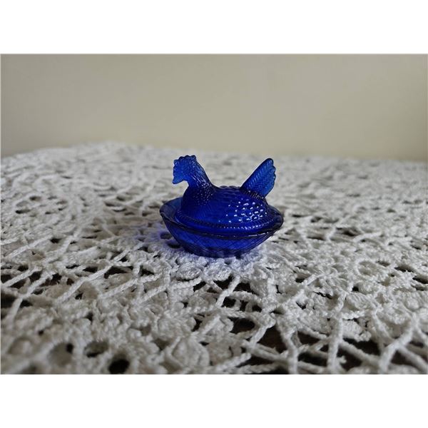 Cobalt Blue Glass Hen on Nest Covered Dish Minature