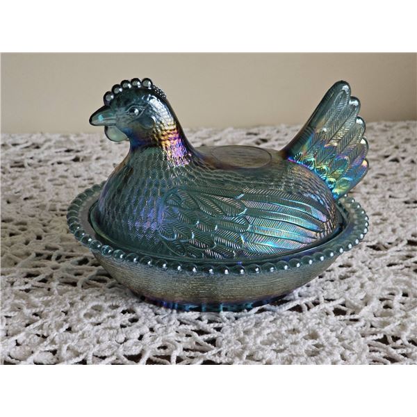 Indiana Glass Blue Carnival Hen on Nest Covered Dish