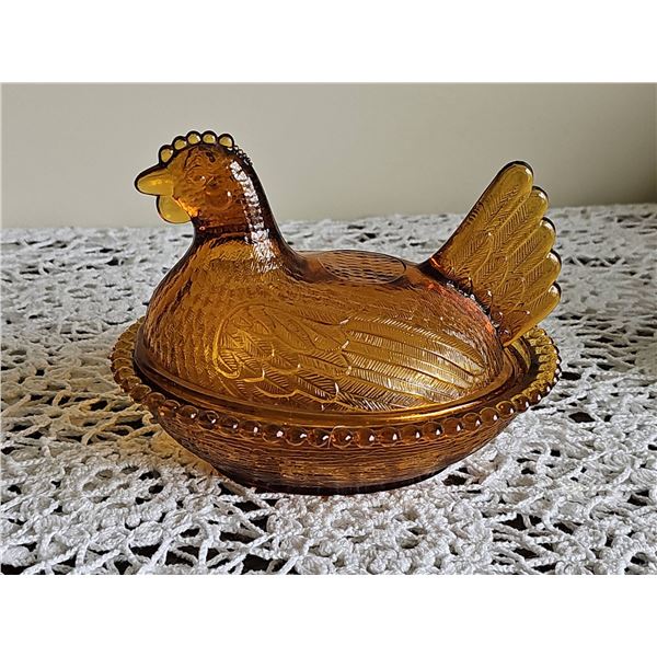 Amber Glass Hen on Nest Covered Dish
