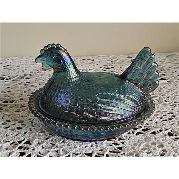 Blue Carnival Glass Hen on Nest Covered Dish