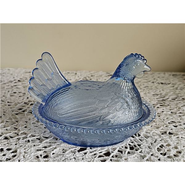Blue Pressed Glass Hen-on-Nest Covered Candy Dish