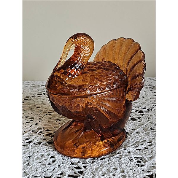 Amber Glass Turkey Covered Candy Dish