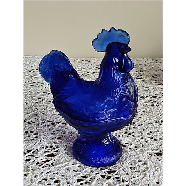 Cobalt Blue Glass Rooster Covered Dish